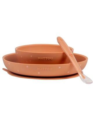 Силиконски сет од 2 чинии со лажичка, Terracotta - Nattou