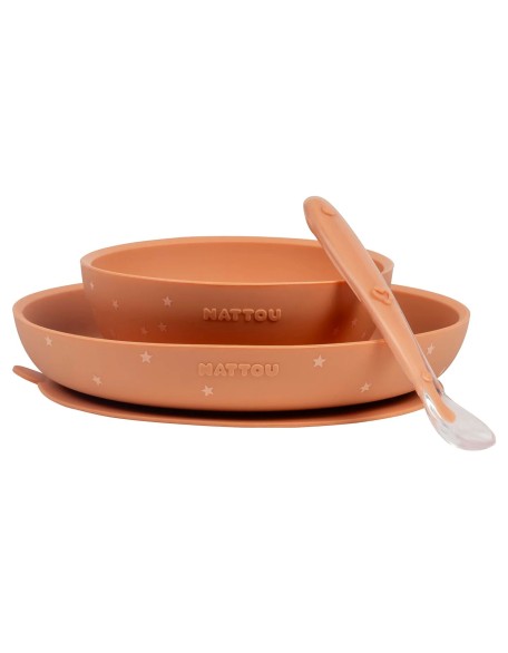 Силиконски сет од 2 чинии со лажичка, Terracotta - Nattou