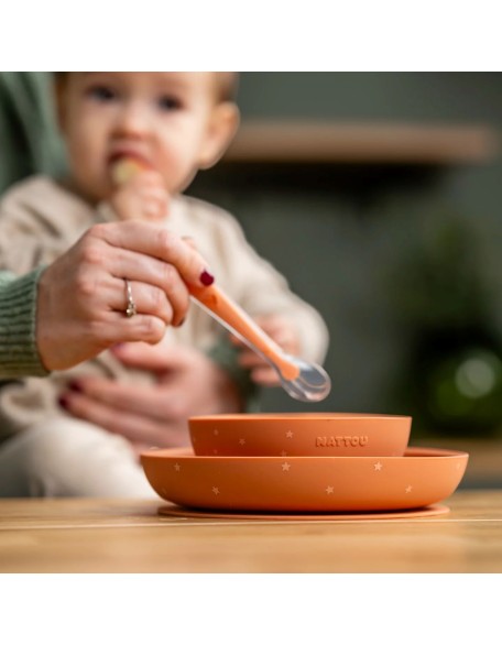 Силиконски сет од 2 чинии со лажичка, Terracotta - Nattou