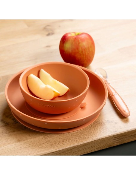 Силиконски сет од 2 чинии со лажичка, Terracotta - Nattou