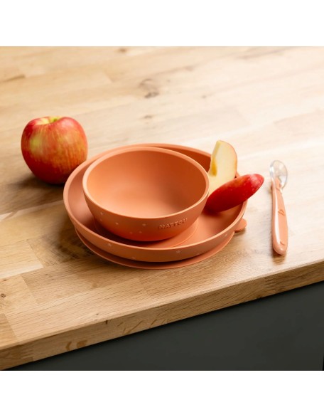 Силиконски сет од 2 чинии со лажичка, Terracotta - Nattou