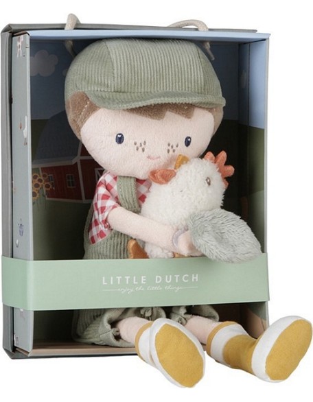 Мека кукла Џим фармер со кокошка - 35 см, Little Dutch